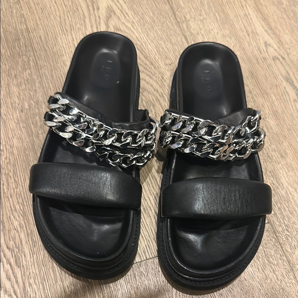 Black Slide Sandals with Silver Chain